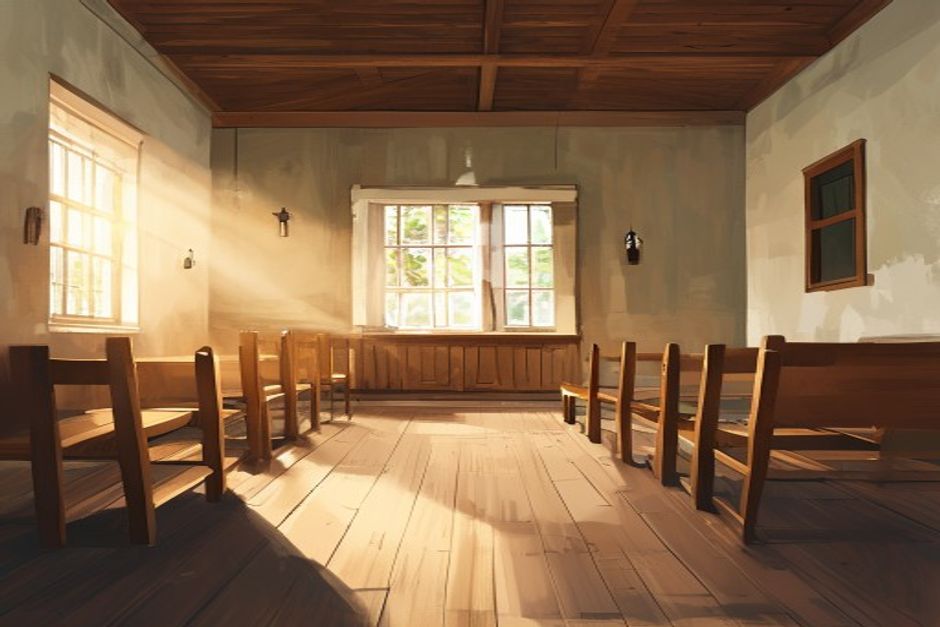 Quiet church interior in warm morning light before a service