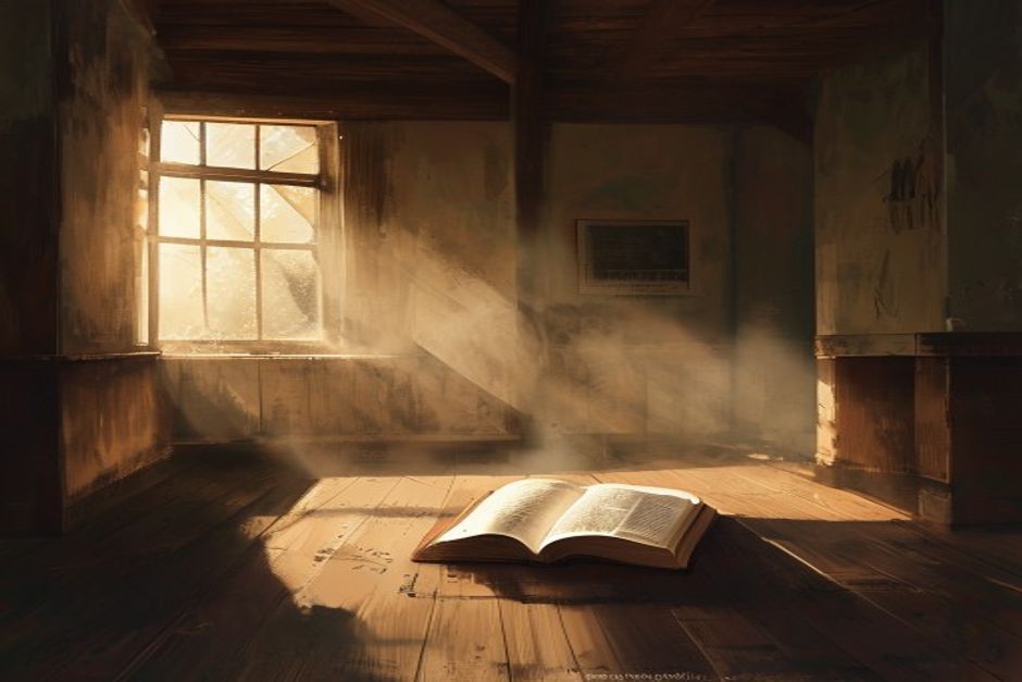 Open Bible in warm morning light inside a quiet room